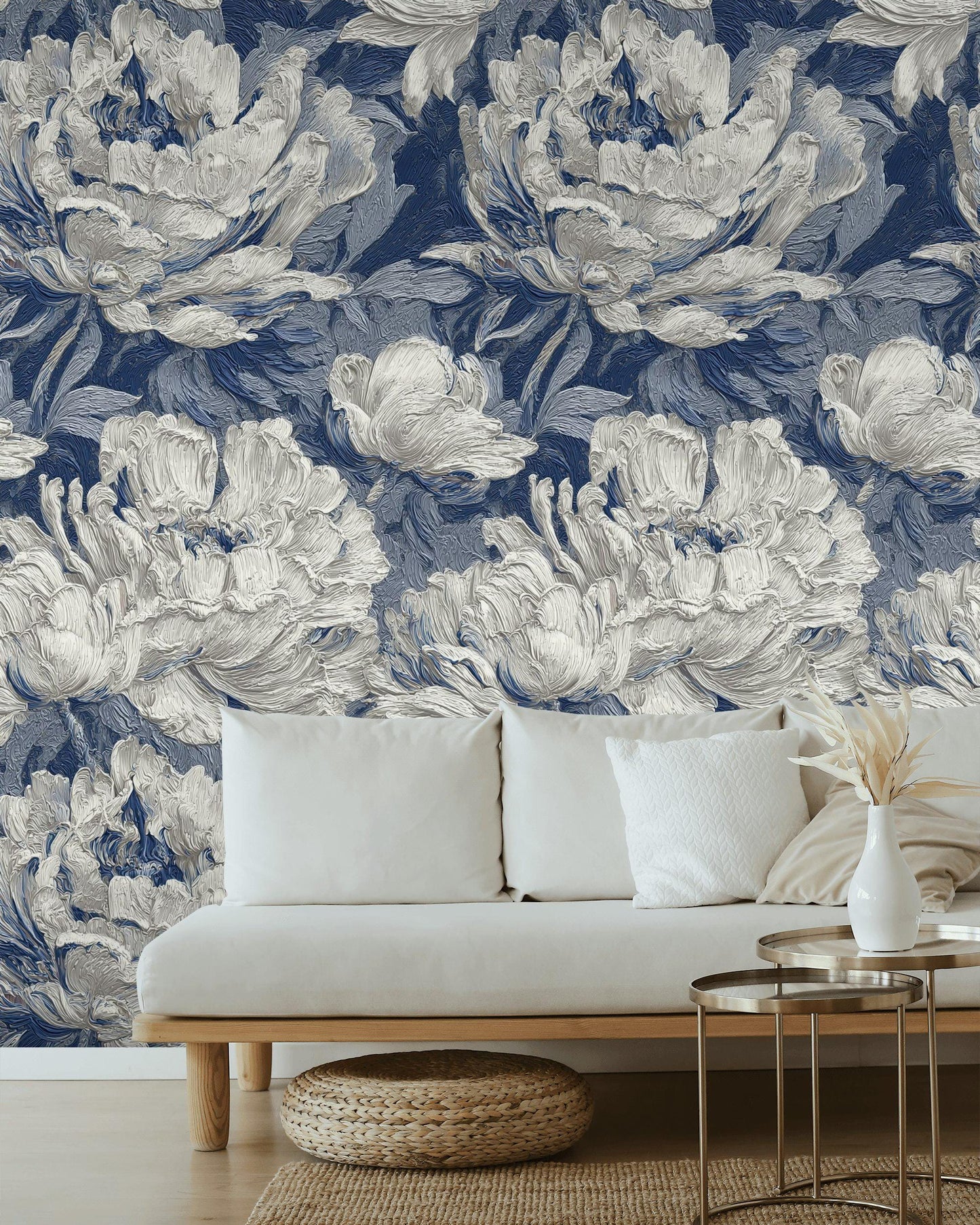 Textured Blue Floral Wallpaper: Modern Impasto Peel and Stick Wall Mural
