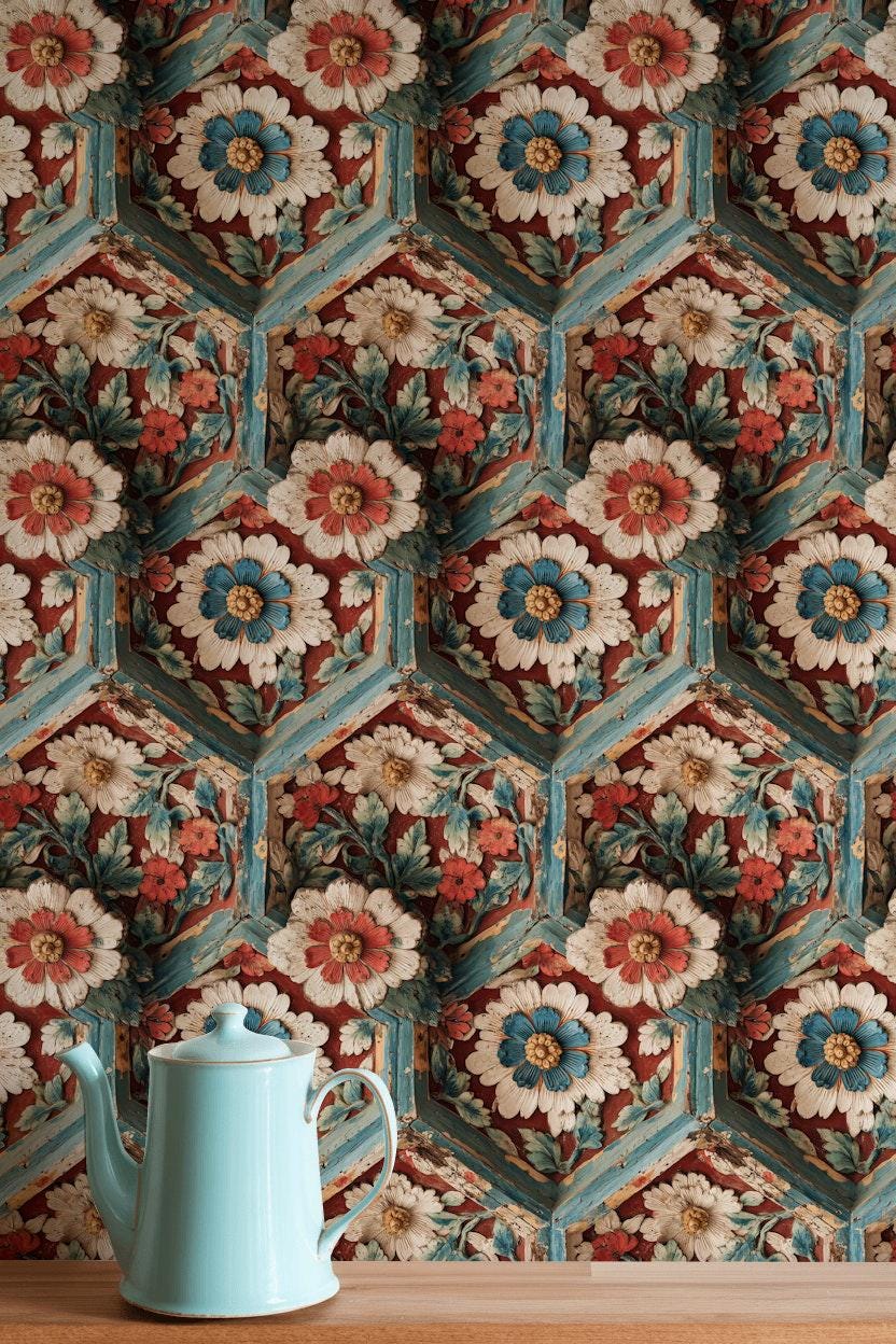 Faux Carved Wood Wallpaper: 3D Floral Peel and Stick Wall Mural