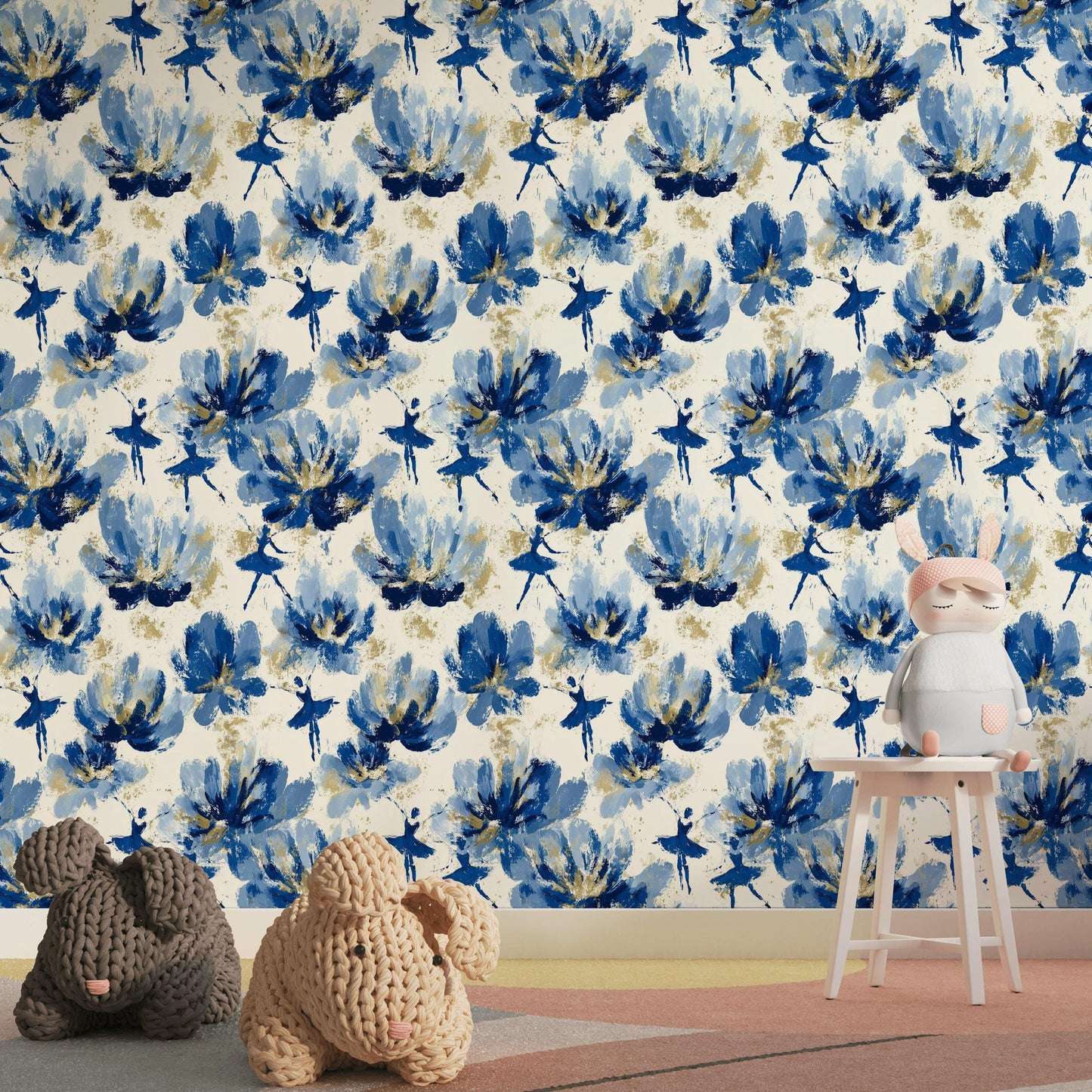 Blue Ballerina Wallpaper, Gold Accented Abstract Floral Mural, Peel & Stick or Unpasted Vertical Panel