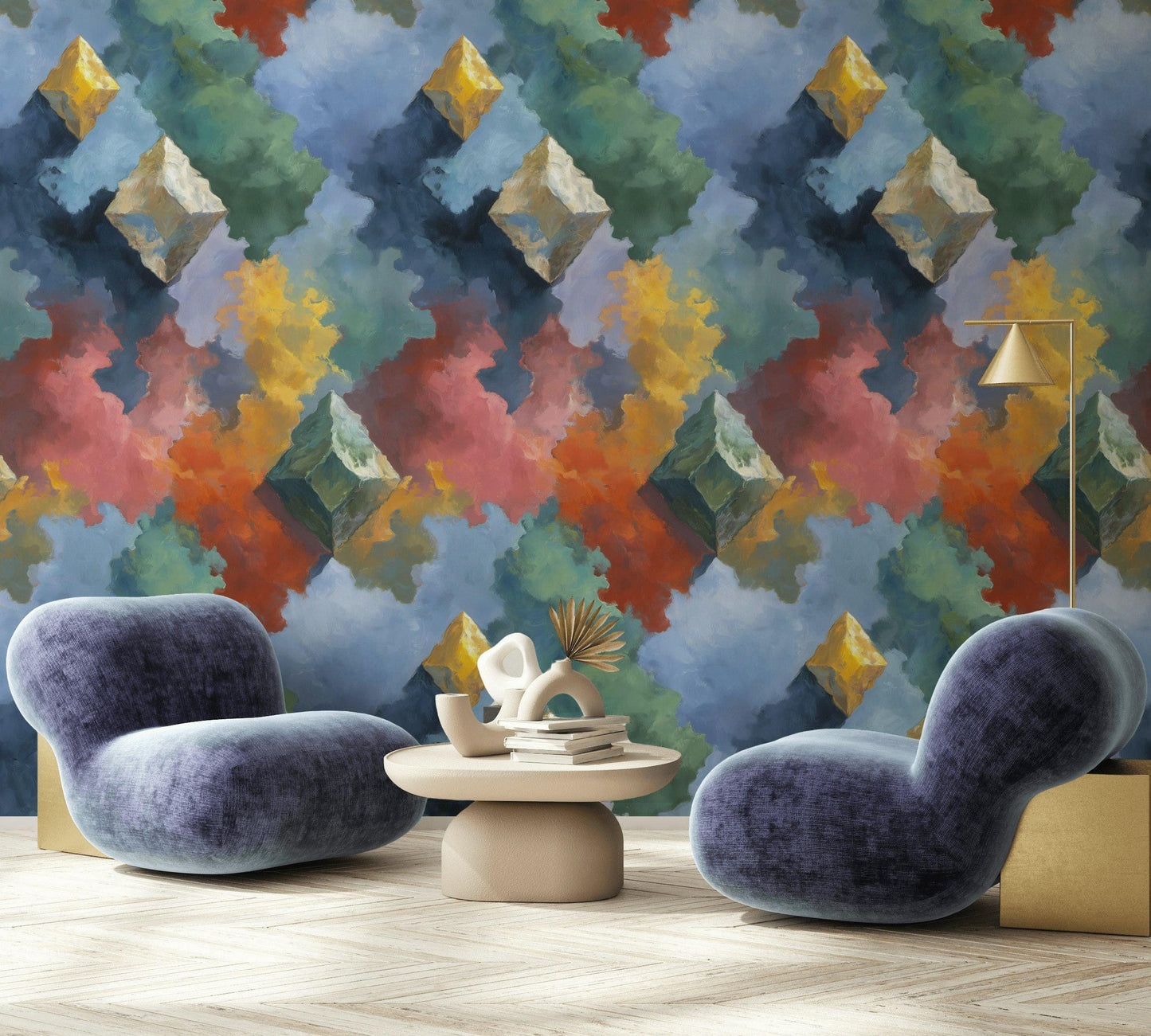 Geometric Cloud Wall Mural: Abstract Peel and Stick Wallpaper