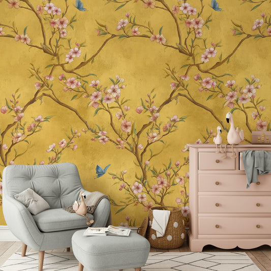 Chinoiserie Blossom Tree Wallpaper: Gold Butterfly Wall Mural, Peel & Stick