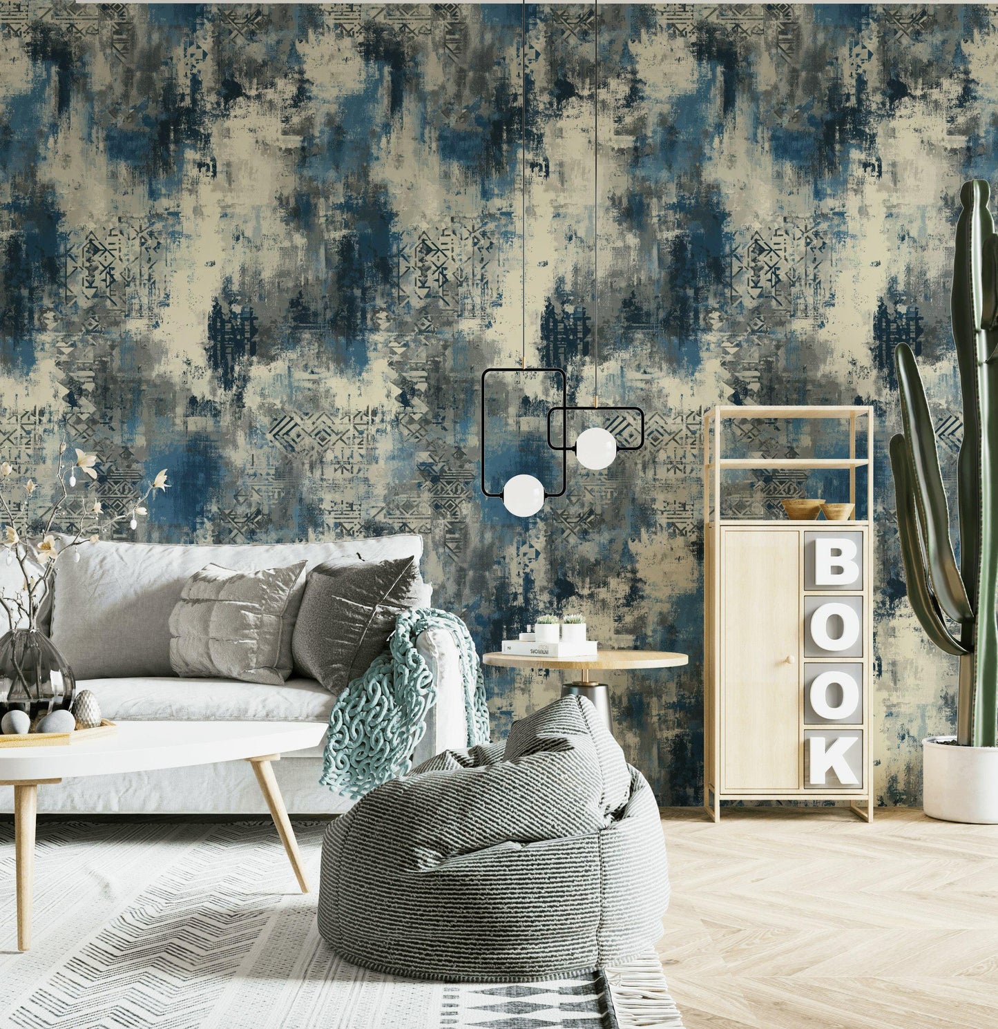 Abstract Blue Grey Wallpaper | Distressed Industrial Wall Mural | Modern Urban Peel and Stick Decor