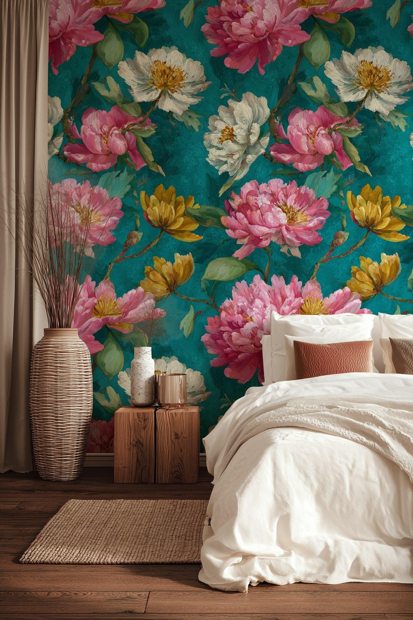 Impasto Peony Wallpaper Mural: Turquoise & Pink Floral Peel and Stick Art