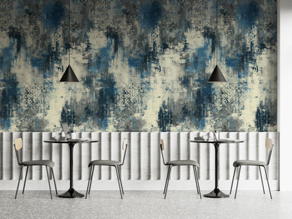 Abstract Blue Grey Wallpaper | Distressed Industrial Wall Mural | Modern Urban Peel and Stick Decor