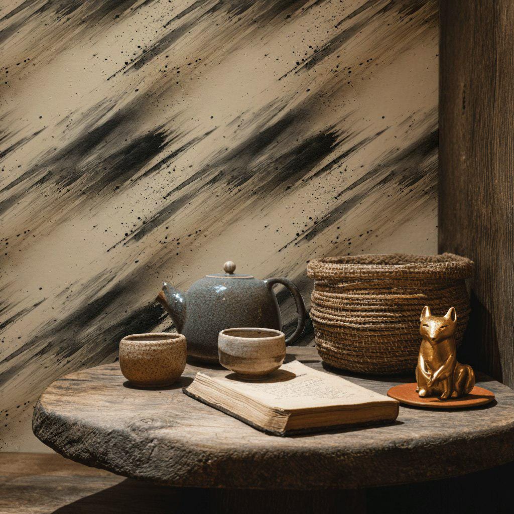 Abstract Ink Splatter Wallpaper: Black Beige Brushstrokes, Peel & Stick Mural