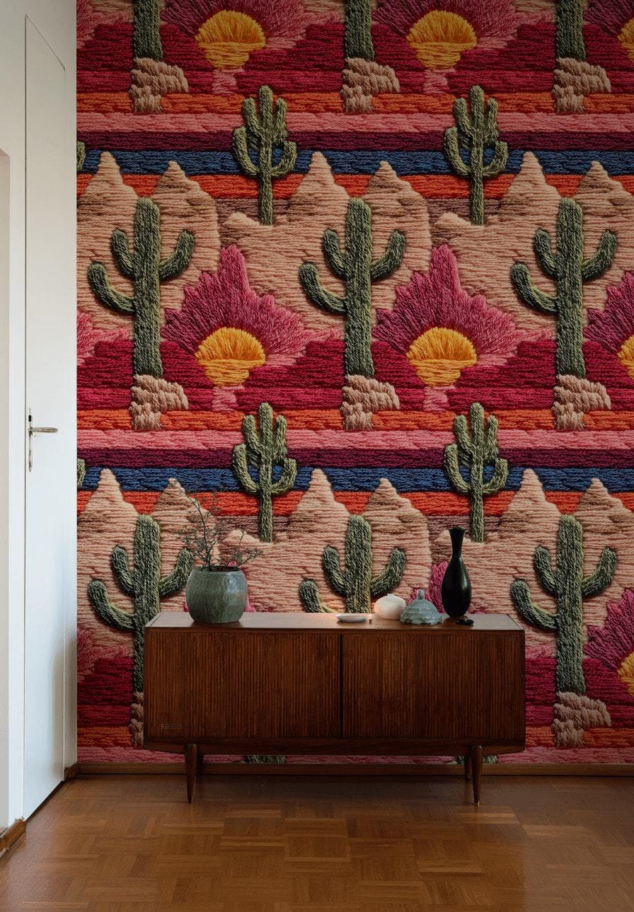 Embroidered Desert Landscape Wallpaper | Southwestern Wall Mural | Boho Peel and Stick Decor