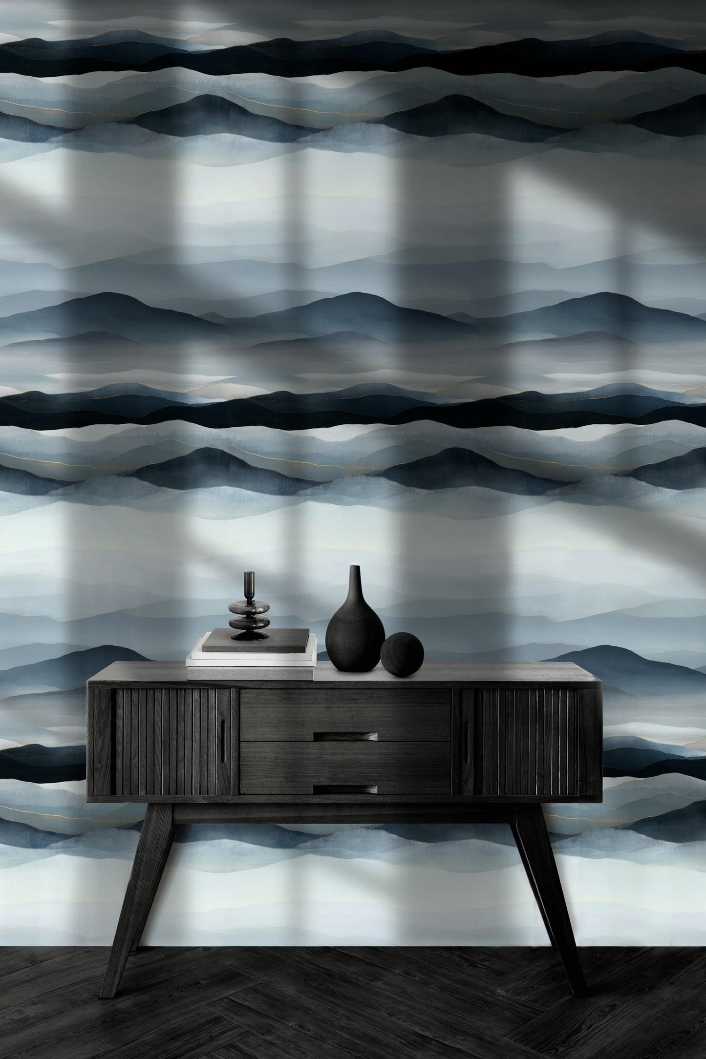 Blue Gray Mountain Wallpaper Mural: Gold Line Peel and Stick