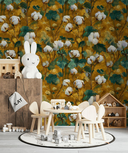 Rustic Cotton Plant Wallpaper | Farmhouse Botanical Wall Mural | Yellow Peel and Stick Decor