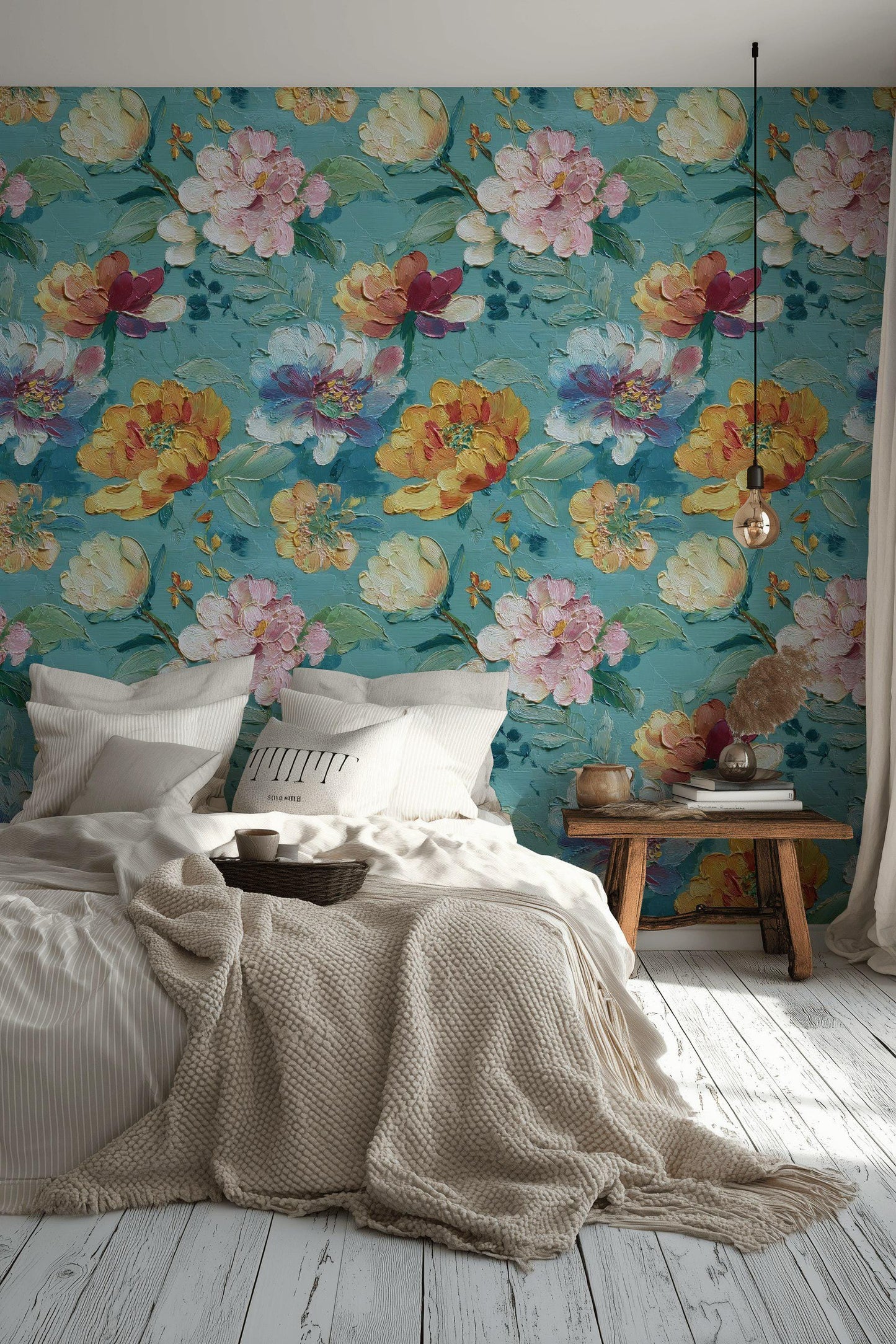 Textured Floral Wallpaper, Impasto Style Wall Mural, Turquoise and Pink Peel and Stick Art