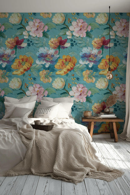 Textured Floral Wallpaper, Impasto Style Wall Mural, Turquoise and Pink Peel and Stick Art
