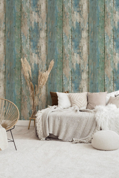 Coastal Blue Wood Plank Wallpaper: Shabby Chic Peel and Stick Mural