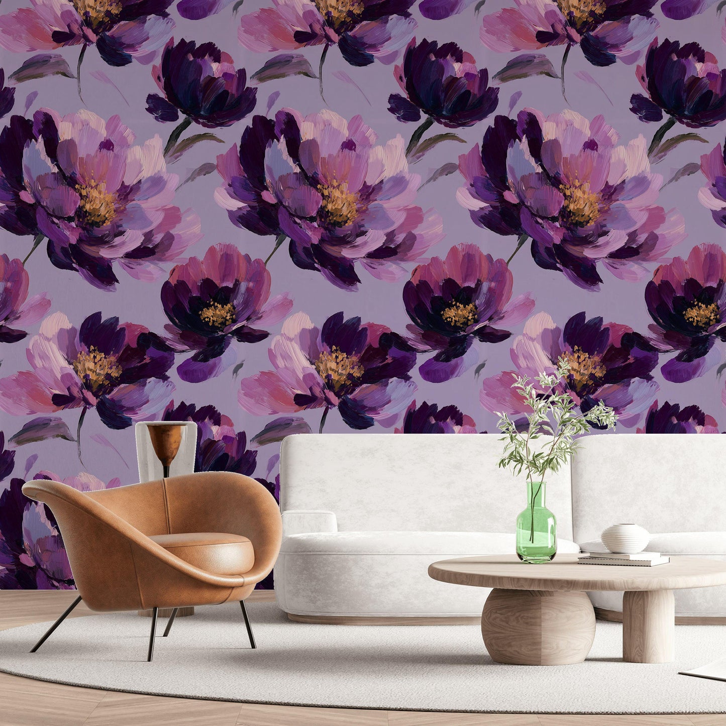 Purple Floral Wallpaper, Abstract Oil Paint Wall Mural, Bold Magenta Peel and Stick Decor
