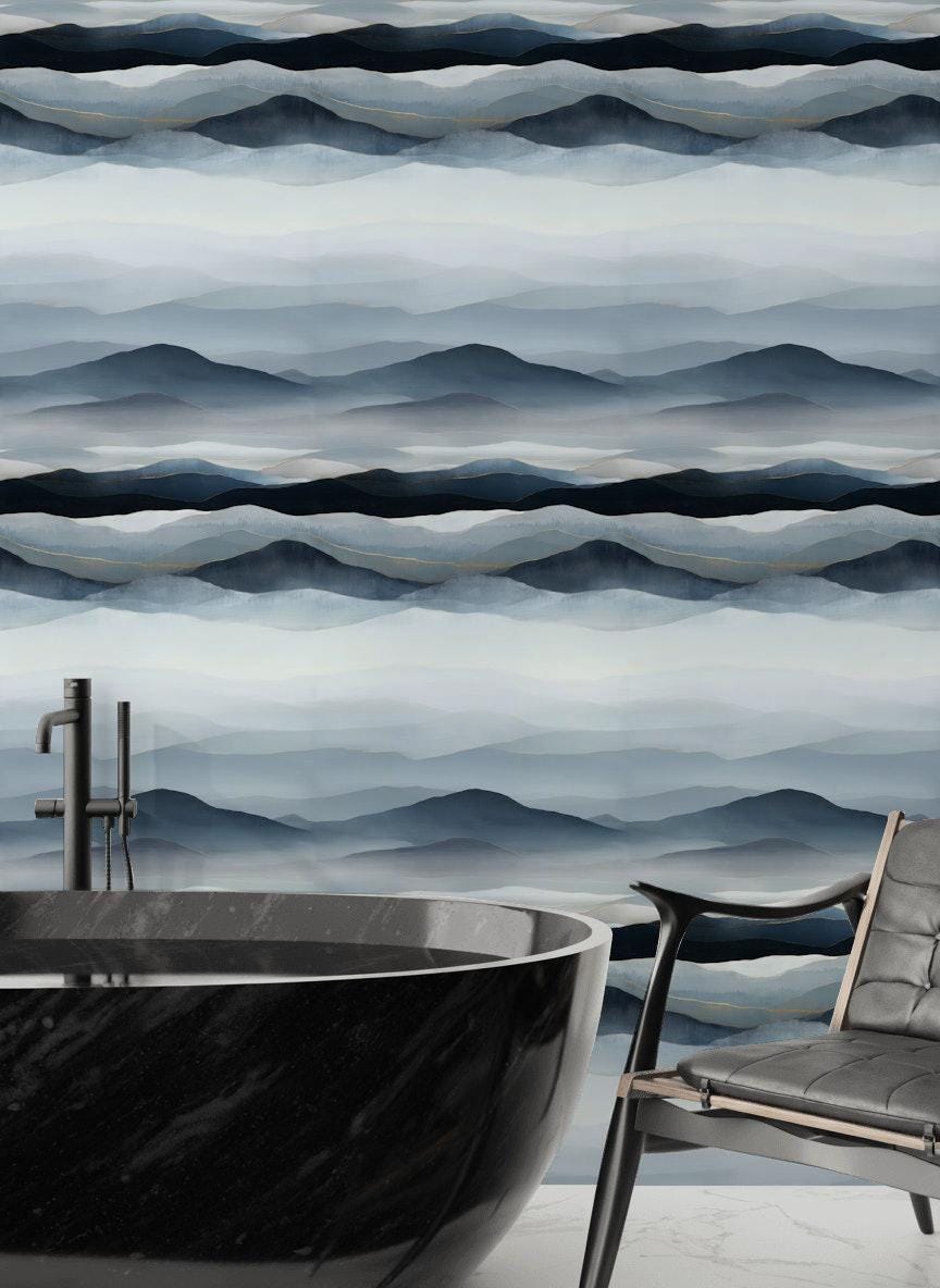 Blue Gray Mountain Wallpaper Mural: Gold Line Peel and Stick
