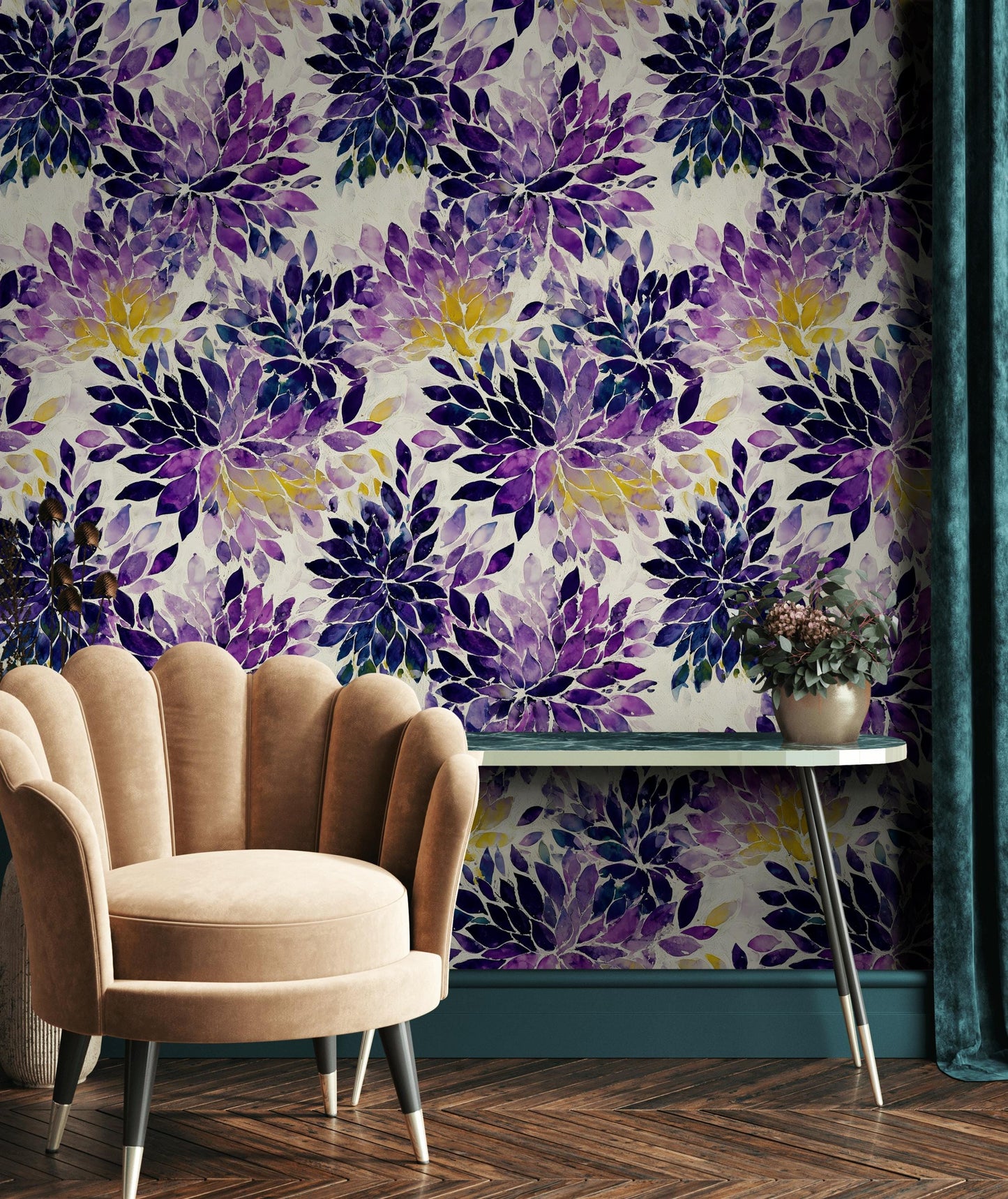 Purple Floral Watercolor Wallpaper: Abstract Peel and Stick Wall Mural