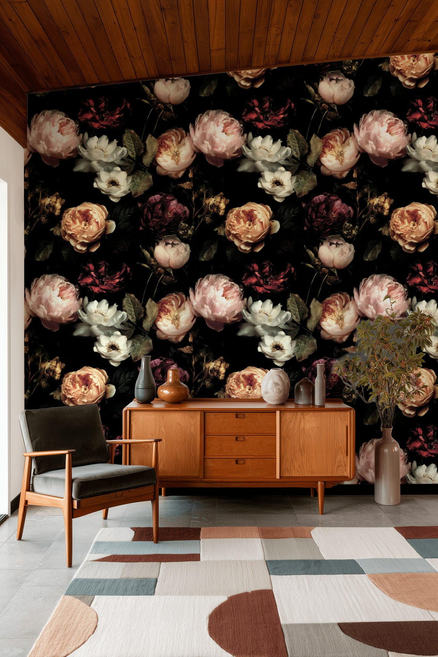 Dark Floral Wallpaper, Gothic Peony Rose Vertical Mural, Black Background Peel & Stick or Unpasted Panel