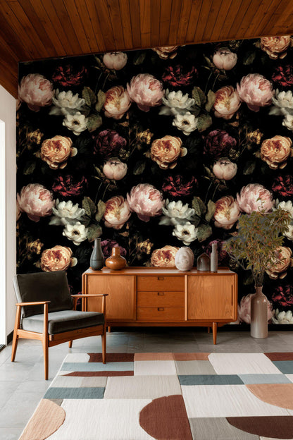 Dark Floral Wallpaper, Gothic Peony Rose Mural, Peel & Stick or Unpasted