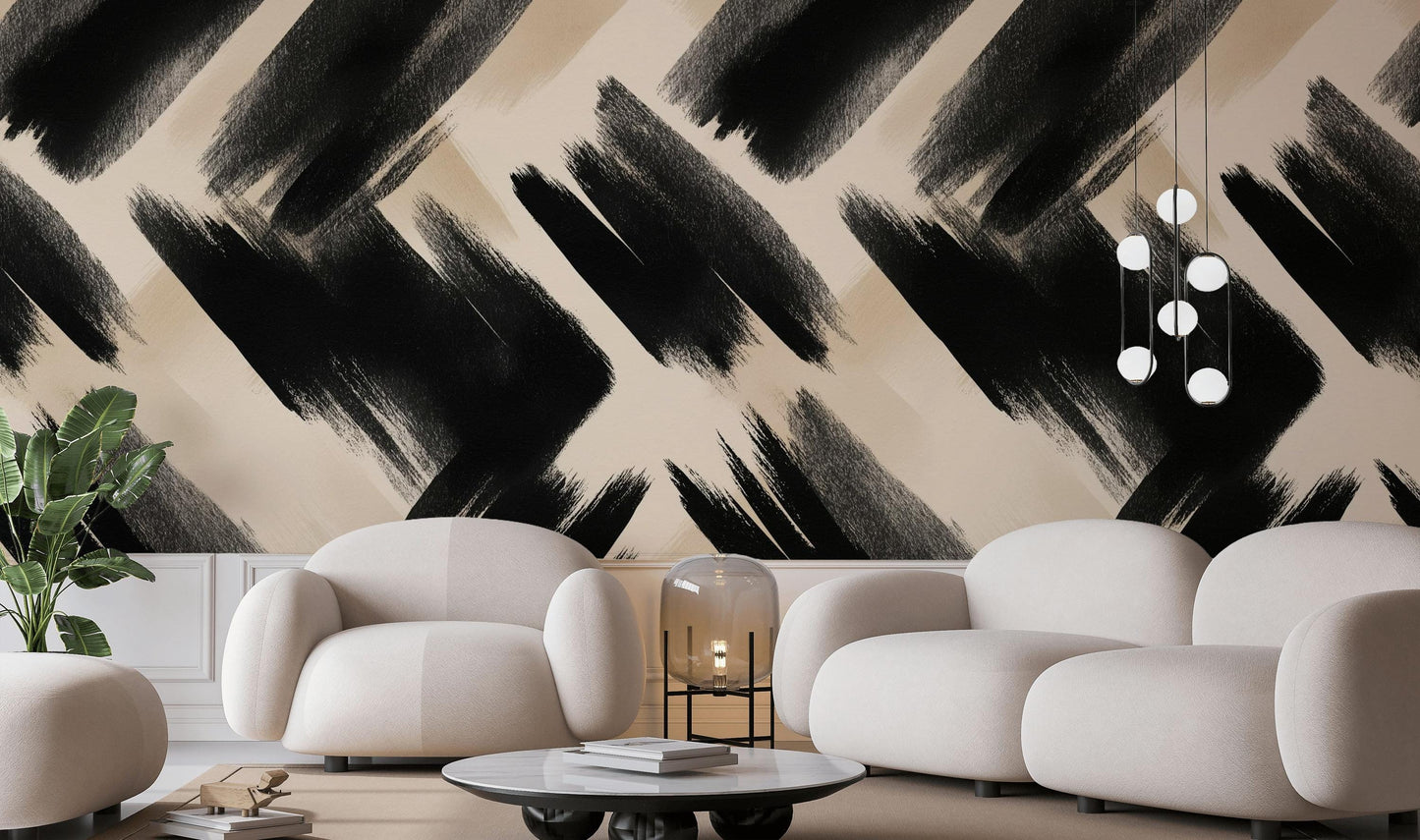 Abstract Brush Stroke Wallpaper | Modern Black White Wall Mural | Artistic Peel and Stick Decor