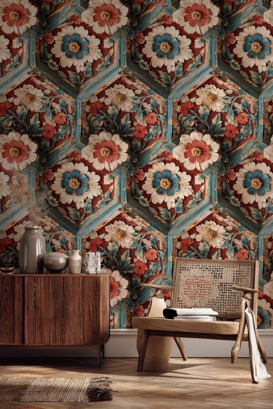 Faux Carved Wood Wallpaper: 3D Floral Peel and Stick Wall Mural