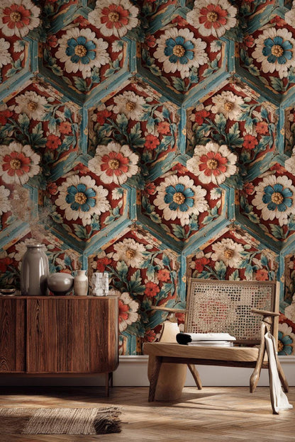 Faux Carved Wood Wallpaper: 3D Floral Peel and Stick Wall Mural