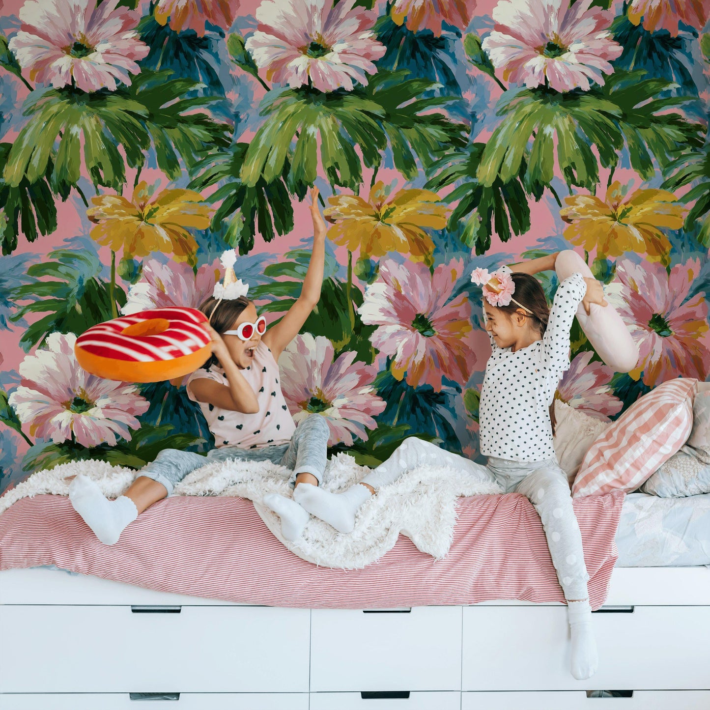 Tropical Floral Wallpaper: Impressionist Pink & Green Peel and Stick Mural