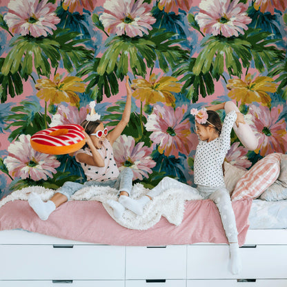 Tropical Floral Wallpaper: Impressionist Pink & Green Peel and Stick Mural