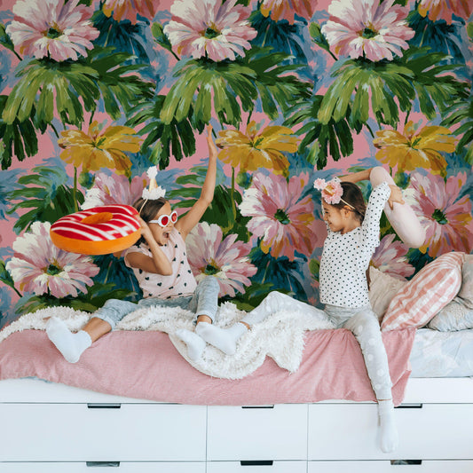 Tropical Floral Wallpaper: Impressionist Pink & Green Peel and Stick Mural