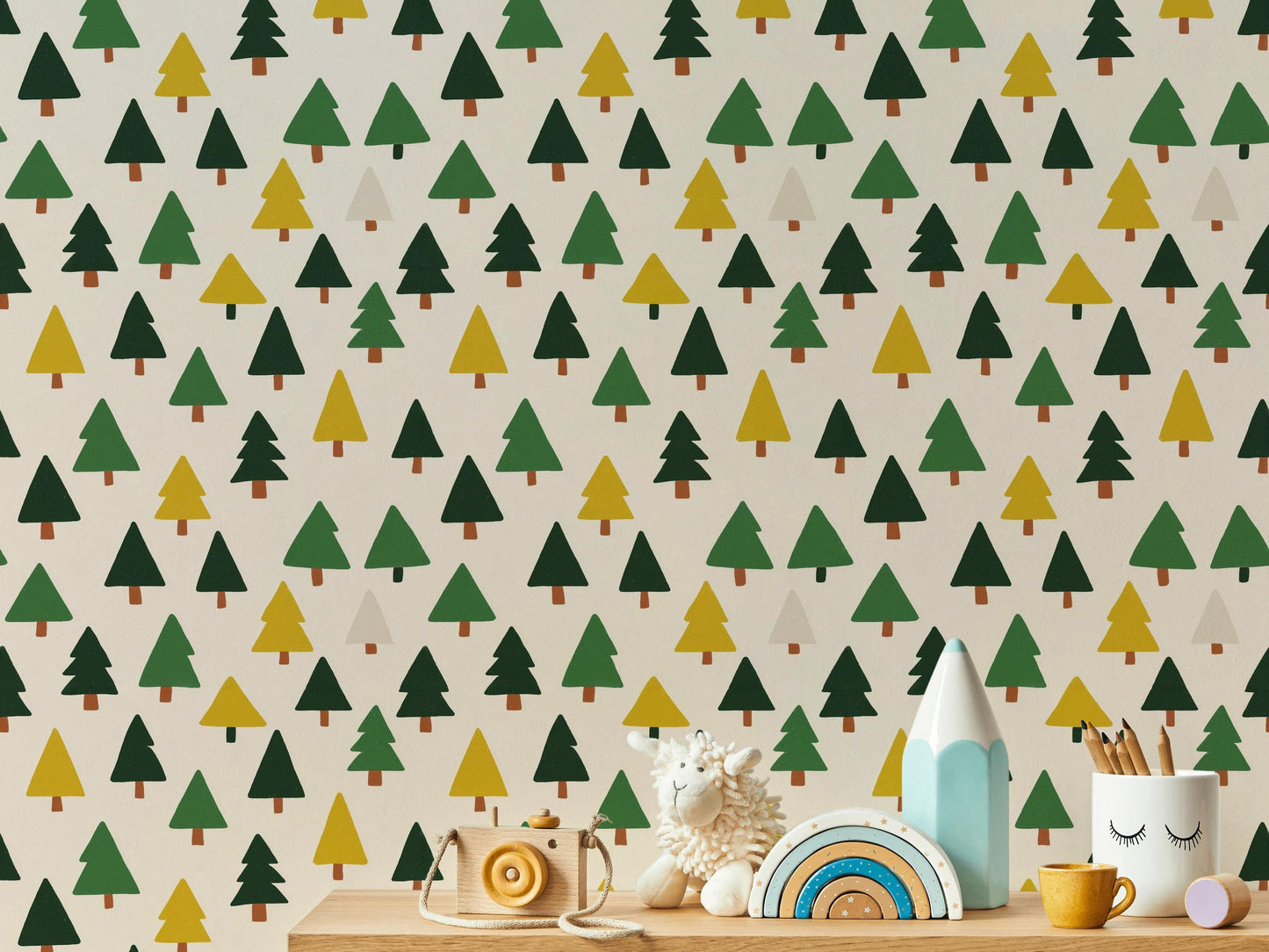 Scandi Pine Tree Wallpaper: Neutral Nursery Peel and Stick Mural