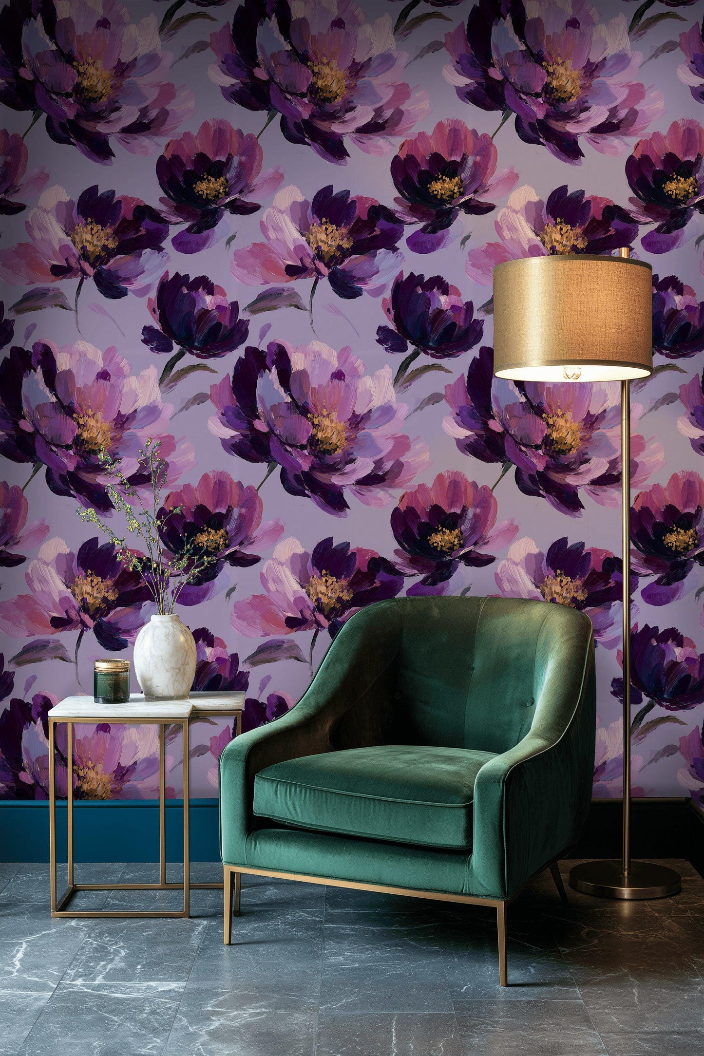Purple Floral Wallpaper, Abstract Oil Paint Wall Mural, Bold Magenta Peel and Stick Decor