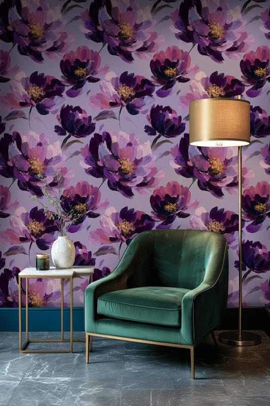 Purple Floral Wallpaper, Abstract Oil Paint Wall Mural, Bold Magenta Peel and Stick Decor
