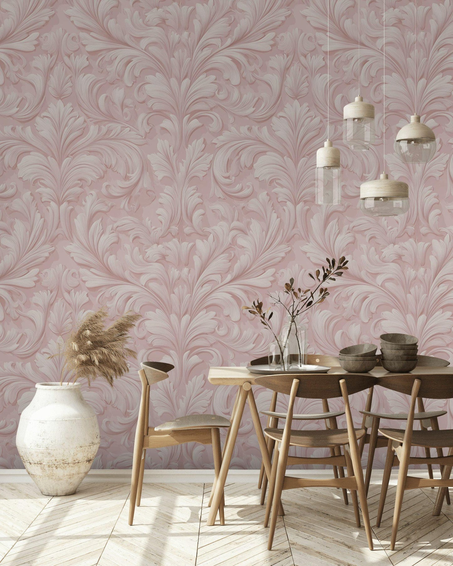 Embossed Damask Wallpaper, Pink Wall Mural, Classic Floral Scroll, Peel and Stick Decor