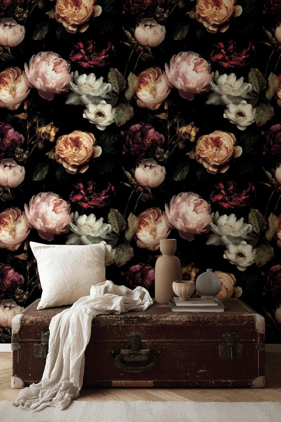 Dark Floral Wallpaper, Gothic Peony Rose Vertical Mural, Black Background Peel & Stick or Unpasted Panel