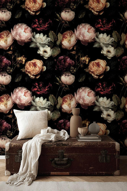 Dark Floral Wallpaper, Gothic Peony Rose Mural, Peel & Stick or Unpasted