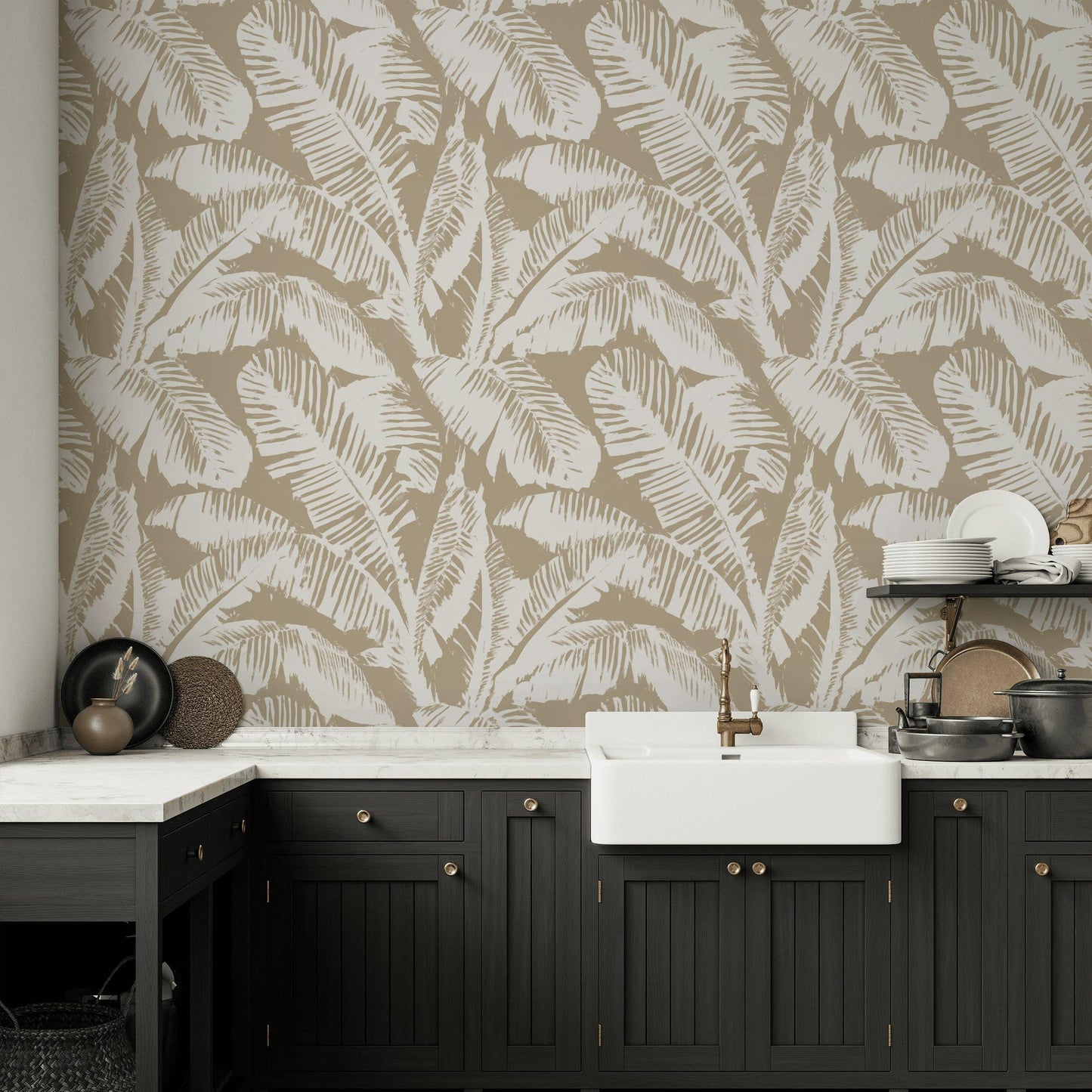 Minimalist Palm Leaf Wallpaper | Neutral Tropical Wall Mural | Beige Botanical Peel and Stick Decor