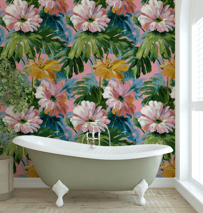 Tropical Floral Wallpaper: Impressionist Pink & Green Peel and Stick Mural