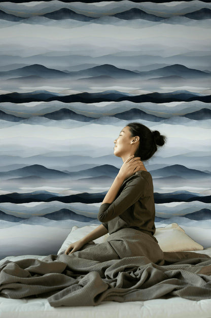 Blue Gray Mountain Wallpaper Mural: Gold Line Peel and Stick