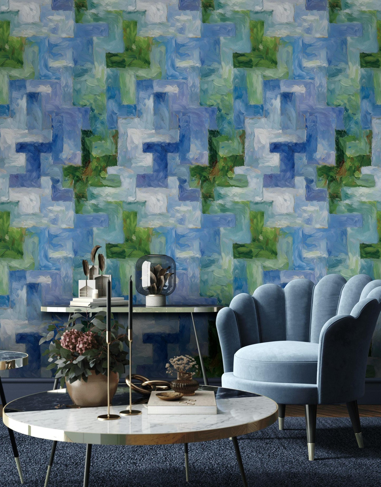 Monet Style Impressionist Mural, Textured Blue Green Block Wallpaper, Vertical Peel & Stick Art Panel