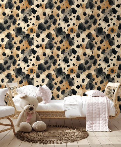 Cowhide Print Wallpaper: Black, Beige, and Tan - Peel & Stick