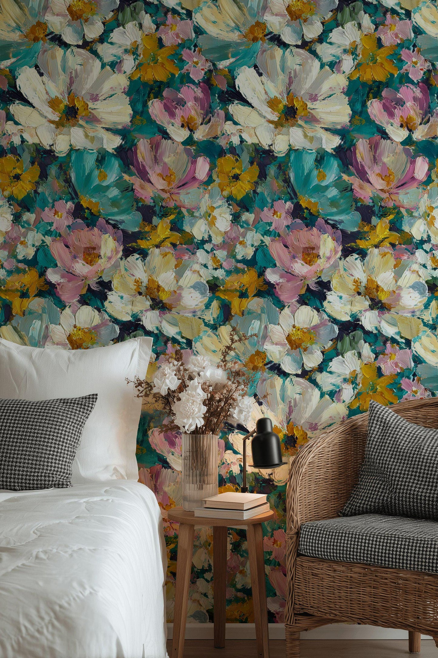 Textured Impasto Floral Wallpaper Mural: Peel and Stick Art Decor