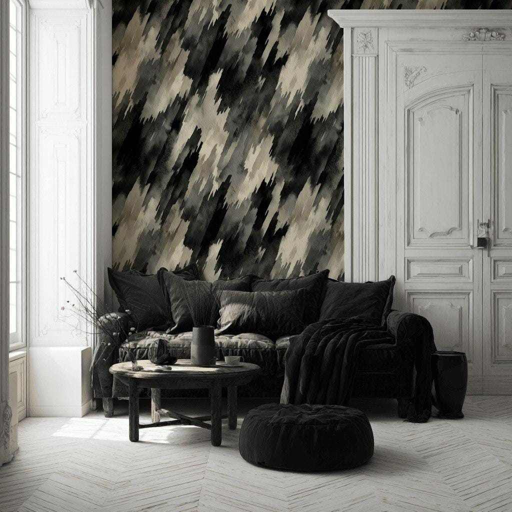 Abstract Diagonal Brushstroke Wallpaper, Black Gray Watercolor Peel & Stick or Unpasted Vertical Wall Mural
