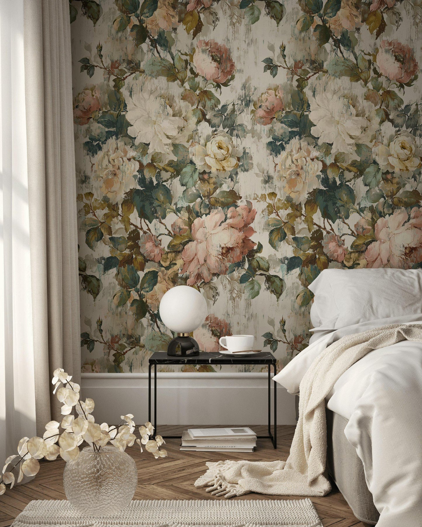 Vintage Floral Rose Wallpaper: Shabby Chic Peel and Stick Wall Mural