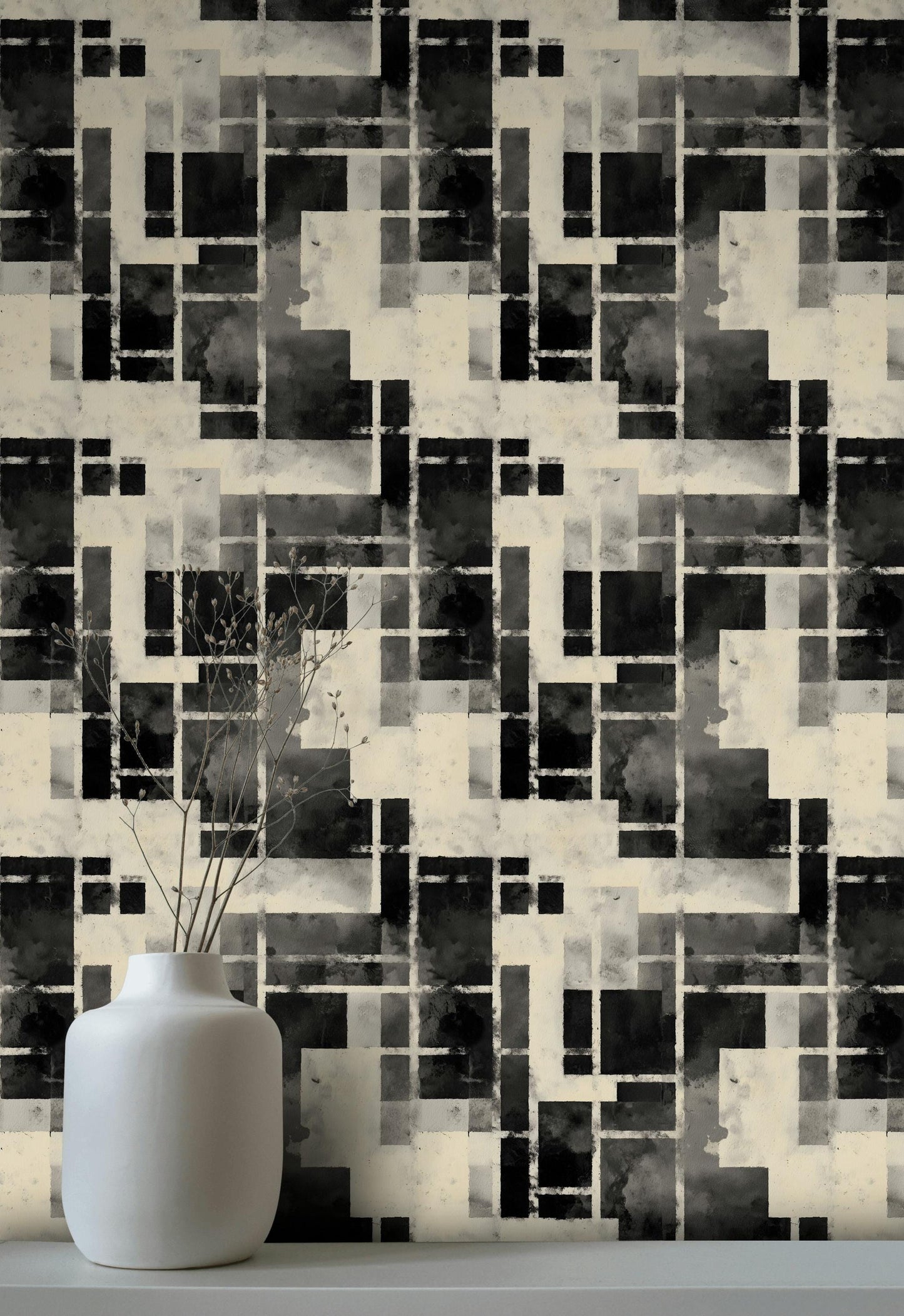 Monochrome Bauhaus Wallpaper: Abstract Watercolor Grid, Peel & Stick Mural
