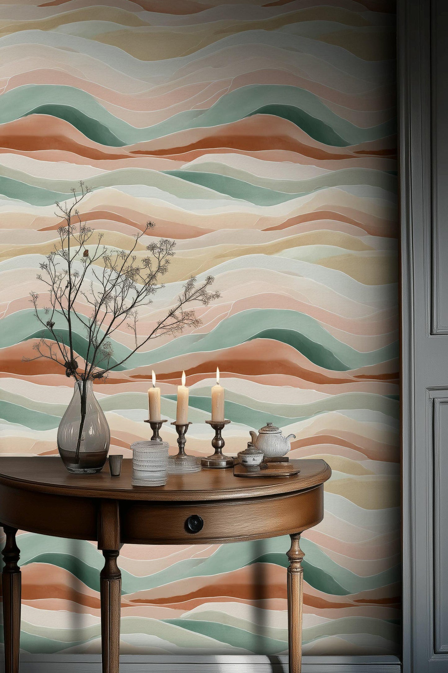 Pastel Abstract Waves Peel and Stick Wallpaper: Boho Minimalist Wall Mural