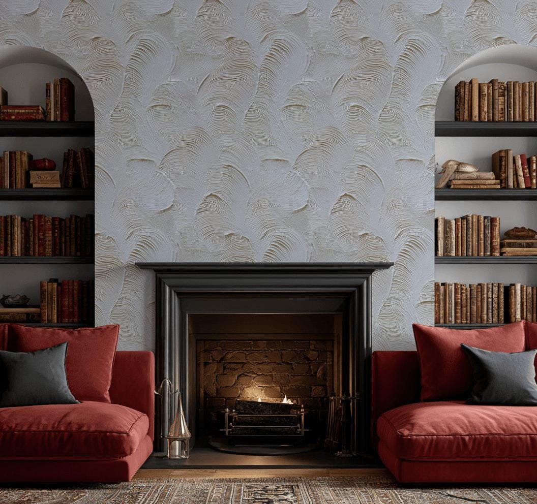 Artisan Faux Stucco Wallpaper, Off-White Fan Texture Peel & Stick Mural, Minimalist Vertical Panel