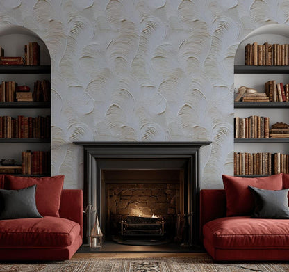 Artisan Faux Stucco Wallpaper, Off-White Fan Texture Peel & Stick Mural, Minimalist Vertical Panel