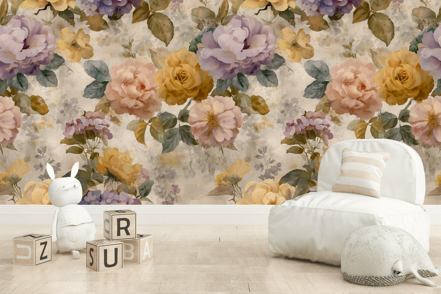 Vintage Floral Wallpaper: Pastel Rose & Peony Shabby Chic Peel and Stick Wall Mural