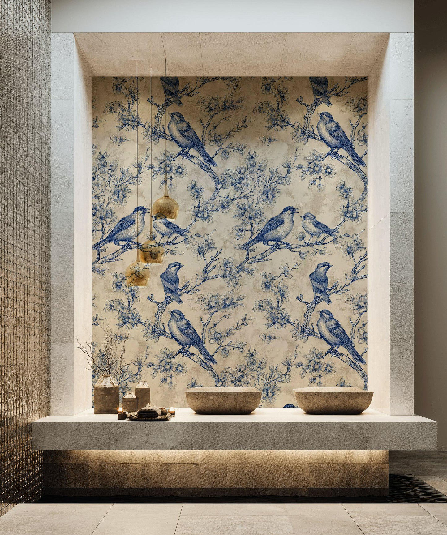 Chinoiserie Bird & Branch Wallpaper | Toile Style Wall Mural | Blue Botanical Peel and Stick Decor