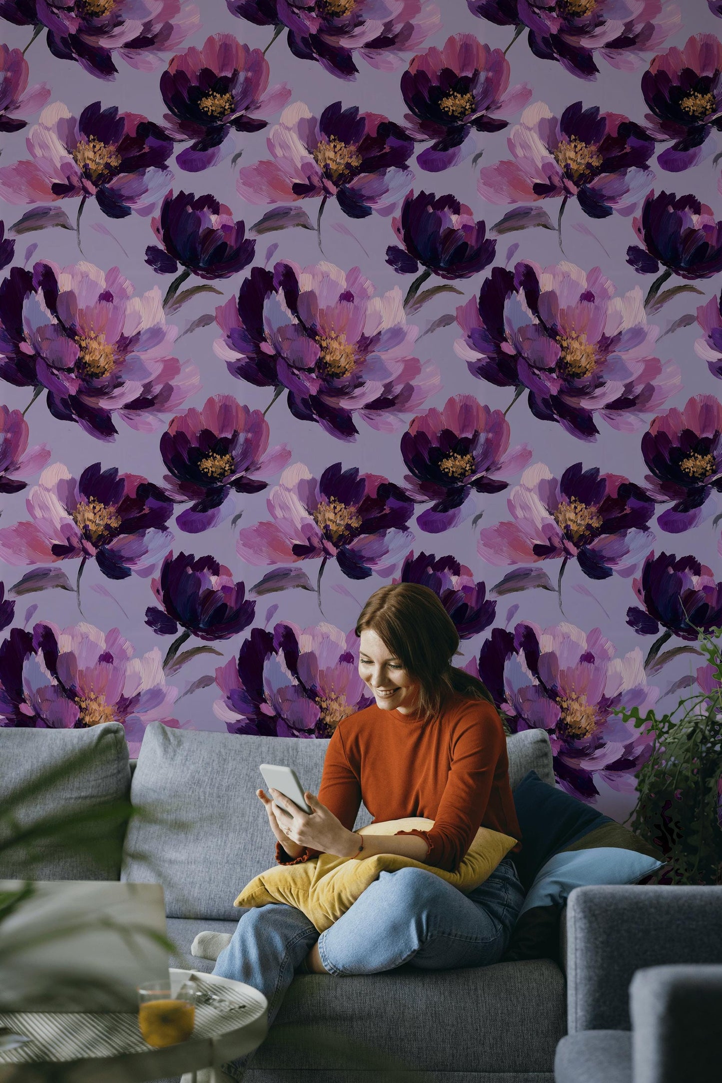 Purple Floral Wallpaper, Abstract Oil Paint Wall Mural, Bold Magenta Peel and Stick Decor