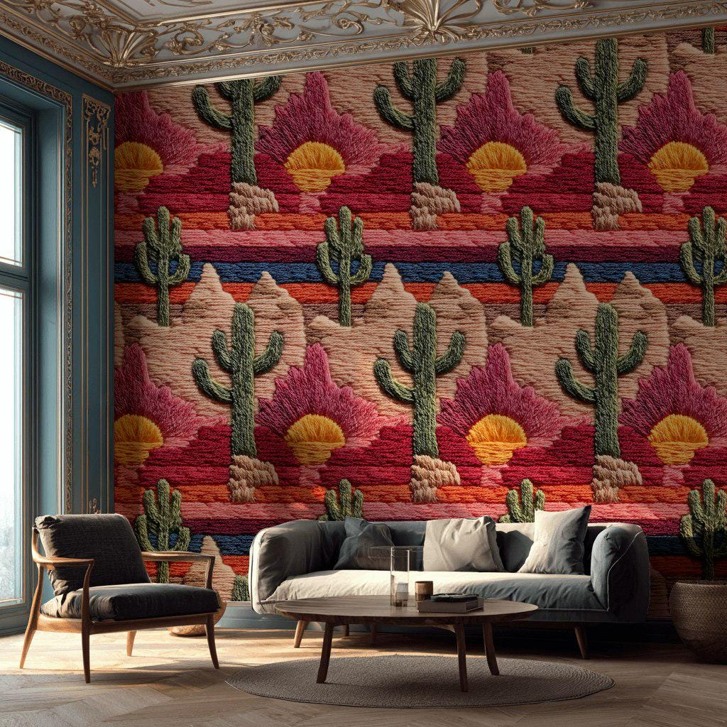 Embroidered Desert Landscape Wallpaper | Southwestern Wall Mural | Boho Peel and Stick Decor