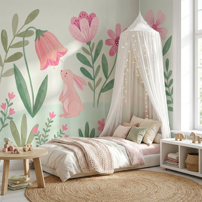 Floral Wallpaper Rabbits Pink Wall Mural