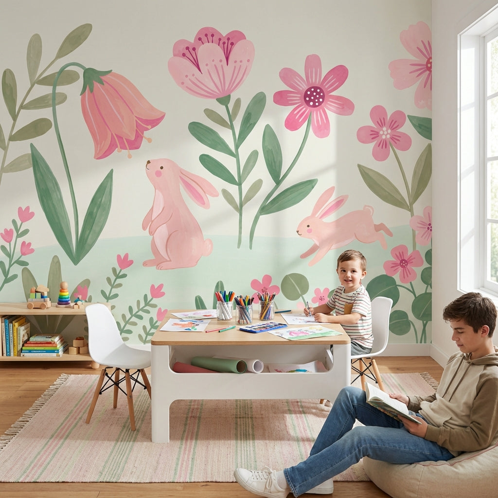 Floral Wallpaper Rabbits Pink Wall Mural